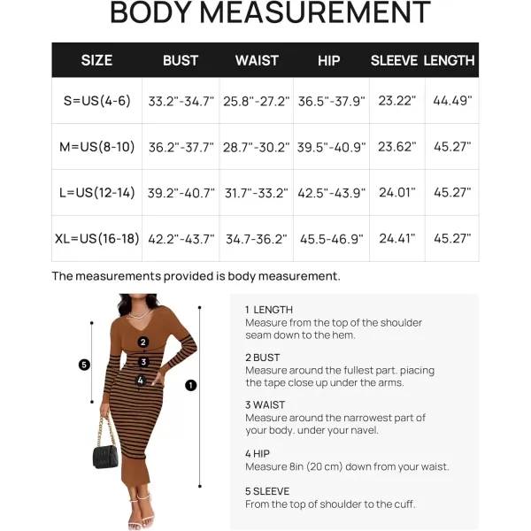 imageZESICA Womens Fall Striped Sweater Dress Long Sleeve V Neck Slim Fit Slit Ribbed Knit Bodycon Midi DressesCaramel