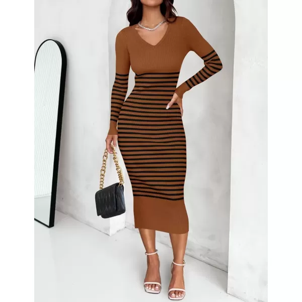 imageZESICA Womens Fall Striped Sweater Dress Long Sleeve V Neck Slim Fit Slit Ribbed Knit Bodycon Midi DressesCaramel