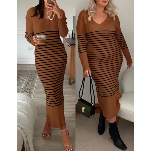 imageZESICA Womens Fall Striped Sweater Dress Long Sleeve V Neck Slim Fit Slit Ribbed Knit Bodycon Midi DressesCaramel
