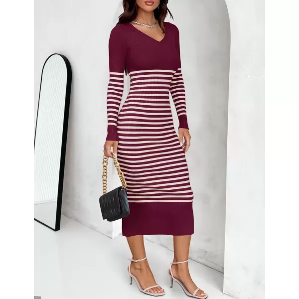 imageZESICA Womens Fall Striped Sweater Dress Long Sleeve V Neck Slim Fit Slit Ribbed Knit Bodycon Midi DressesPlum