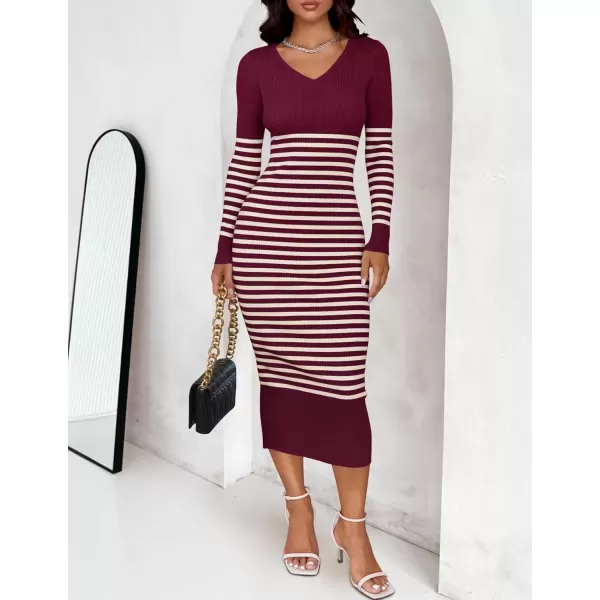 imageZESICA Womens Fall Striped Sweater Dress Long Sleeve V Neck Slim Fit Slit Ribbed Knit Bodycon Midi DressesPlum