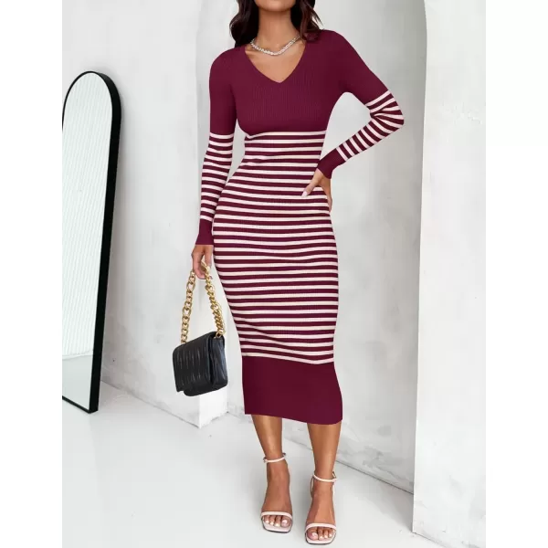 imageZESICA Womens Fall Striped Sweater Dress Long Sleeve V Neck Slim Fit Slit Ribbed Knit Bodycon Midi DressesPlum