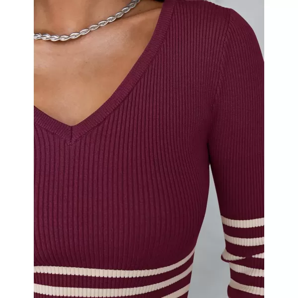 imageZESICA Womens Fall Striped Sweater Dress Long Sleeve V Neck Slim Fit Slit Ribbed Knit Bodycon Midi DressesPlum