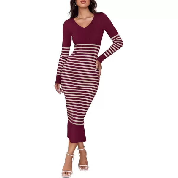 imageZESICA Womens Fall Striped Sweater Dress Long Sleeve V Neck Slim Fit Slit Ribbed Knit Bodycon Midi DressesPlum