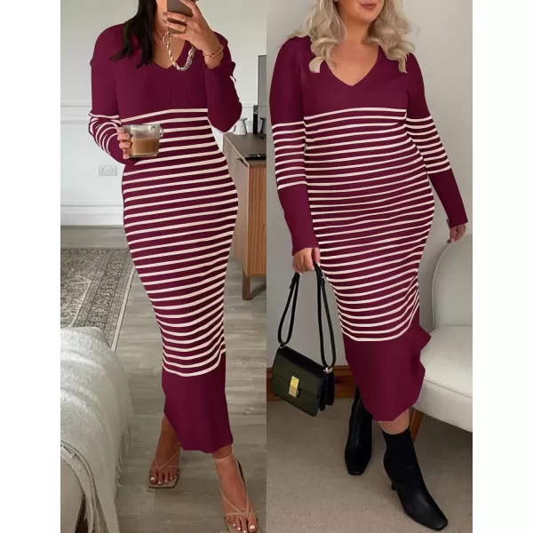 imageZESICA Womens Fall Striped Sweater Dress Long Sleeve V Neck Slim Fit Slit Ribbed Knit Bodycon Midi DressesPlum