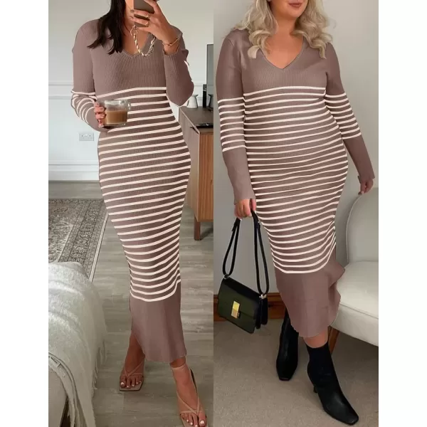 imageZESICA Womens Fall Striped Sweater Dress Long Sleeve V Neck Slim Fit Slit Ribbed Knit Bodycon Midi DressesTaupe