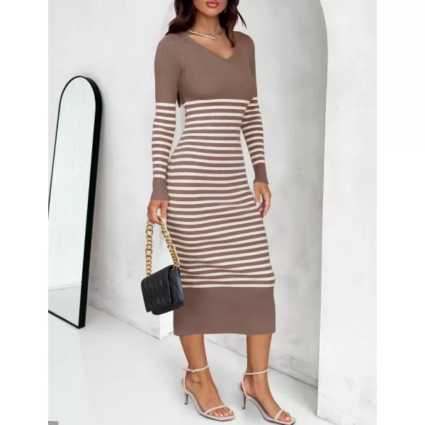imageZESICA Womens Fall Striped Sweater Dress Long Sleeve V Neck Slim Fit Slit Ribbed Knit Bodycon Midi DressesTaupe