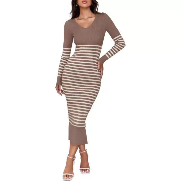 imageZESICA Womens Fall Striped Sweater Dress Long Sleeve V Neck Slim Fit Slit Ribbed Knit Bodycon Midi DressesTaupe