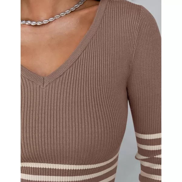 imageZESICA Womens Fall Striped Sweater Dress Long Sleeve V Neck Slim Fit Slit Ribbed Knit Bodycon Midi DressesTaupe