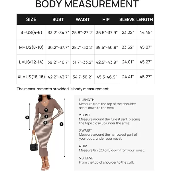 imageZESICA Womens Fall Striped Sweater Dress Long Sleeve V Neck Slim Fit Slit Ribbed Knit Bodycon Midi DressesTaupe
