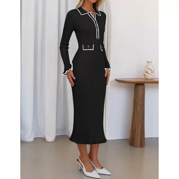 imageZESICA Womens Fall Winter Sweater Dress 2024 Formal Business Long Sleeve Button Ribbed Trendy Knit Bodycon Midi DressesBlack