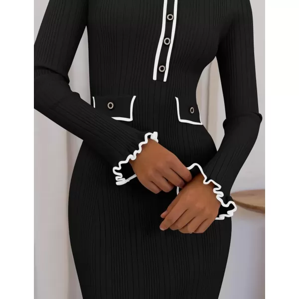 imageZESICA Womens Fall Winter Sweater Dress 2024 Formal Business Long Sleeve Button Ribbed Trendy Knit Bodycon Midi DressesBlack