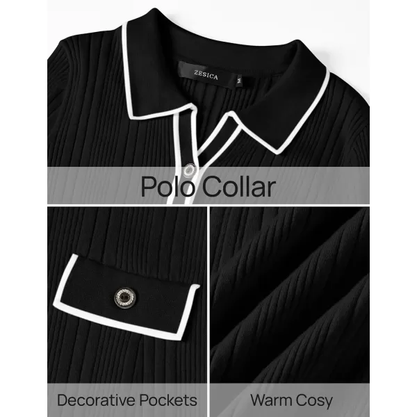 imageZESICA Womens Fall Winter Sweater Dress 2024 Formal Business Long Sleeve Button Ribbed Trendy Knit Bodycon Midi DressesBlack
