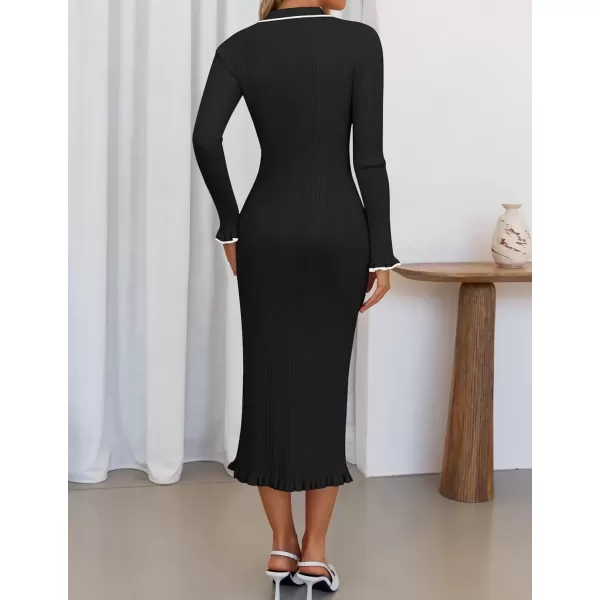 imageZESICA Womens Fall Winter Sweater Dress 2024 Formal Business Long Sleeve Button Ribbed Trendy Knit Bodycon Midi DressesBlack