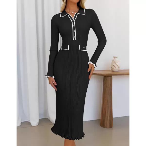imageZESICA Womens Fall Winter Sweater Dress 2024 Formal Business Long Sleeve Button Ribbed Trendy Knit Bodycon Midi DressesBlack