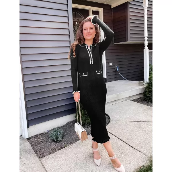 imageZESICA Womens Fall Winter Sweater Dress 2024 Formal Business Long Sleeve Button Ribbed Trendy Knit Bodycon Midi DressesBlack