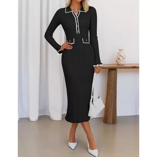 imageZESICA Womens Fall Winter Sweater Dress 2024 Formal Business Long Sleeve Button Ribbed Trendy Knit Bodycon Midi DressesBlack