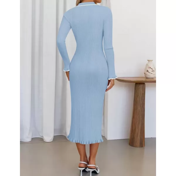 imageZESICA Womens Fall Winter Sweater Dress 2024 Formal Business Long Sleeve Button Ribbed Trendy Knit Bodycon Midi DressesBlue