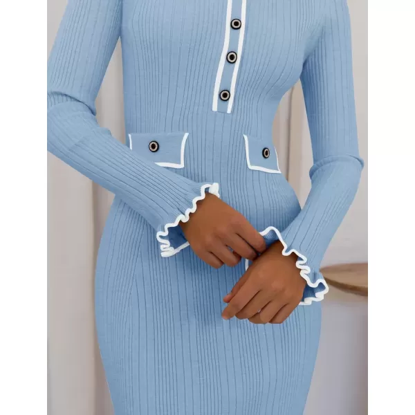 imageZESICA Womens Fall Winter Sweater Dress 2024 Formal Business Long Sleeve Button Ribbed Trendy Knit Bodycon Midi DressesBlue