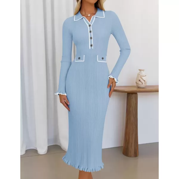 imageZESICA Womens Fall Winter Sweater Dress 2024 Formal Business Long Sleeve Button Ribbed Trendy Knit Bodycon Midi DressesBlue