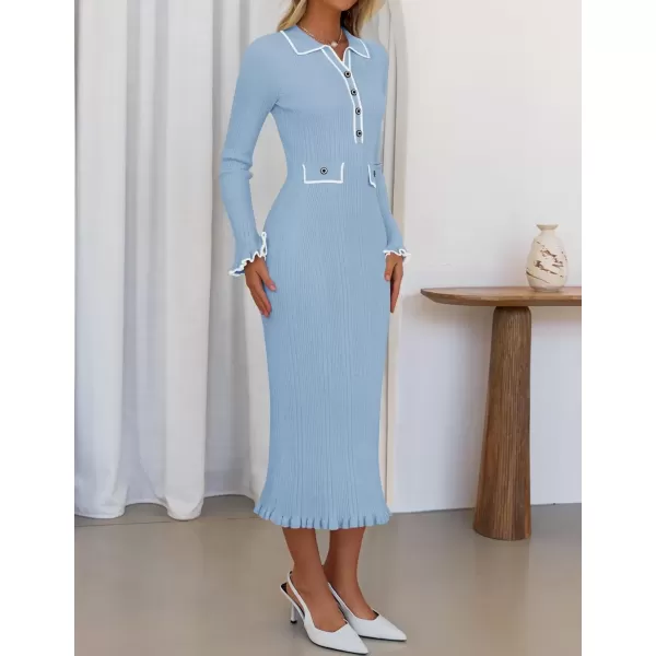 imageZESICA Womens Fall Winter Sweater Dress 2024 Formal Business Long Sleeve Button Ribbed Trendy Knit Bodycon Midi DressesBlue