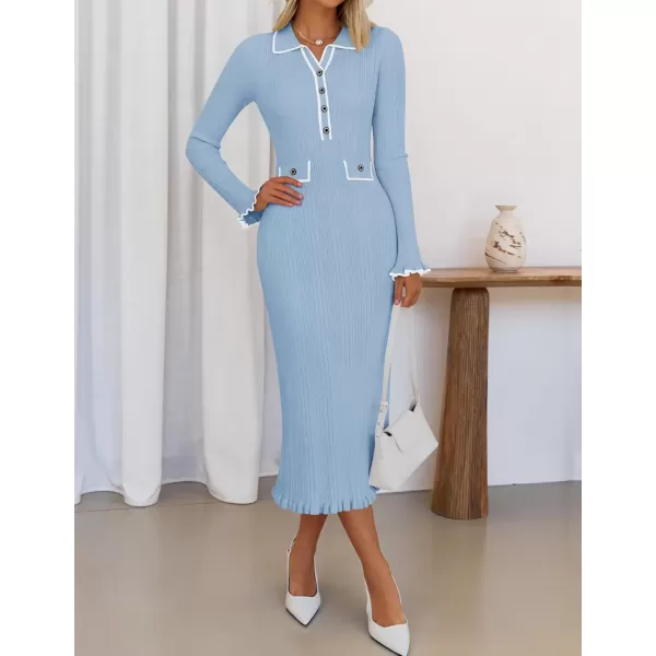 imageZESICA Womens Fall Winter Sweater Dress 2024 Formal Business Long Sleeve Button Ribbed Trendy Knit Bodycon Midi DressesBlue