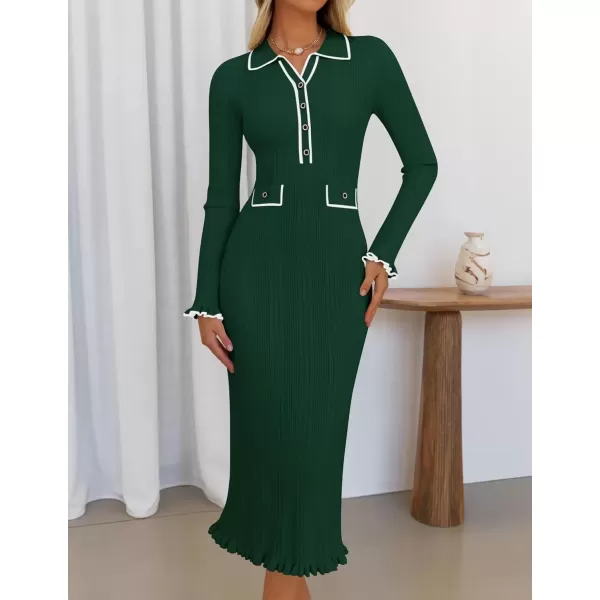 imageZESICA Womens Fall Winter Sweater Dress 2024 Formal Business Long Sleeve Button Ribbed Trendy Knit Bodycon Midi DressesGreen