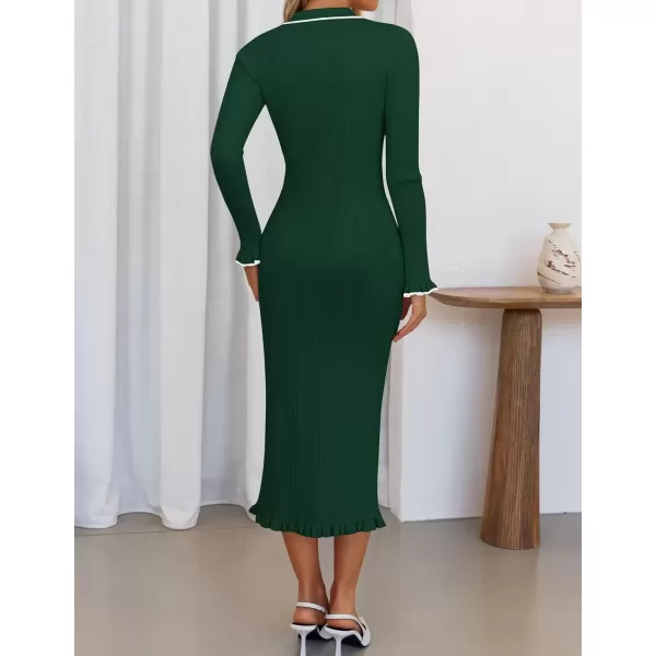 imageZESICA Womens Fall Winter Sweater Dress 2024 Formal Business Long Sleeve Button Ribbed Trendy Knit Bodycon Midi DressesGreen