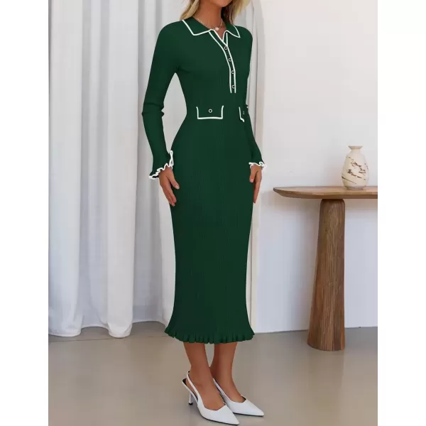 imageZESICA Womens Fall Winter Sweater Dress 2024 Formal Business Long Sleeve Button Ribbed Trendy Knit Bodycon Midi DressesGreen