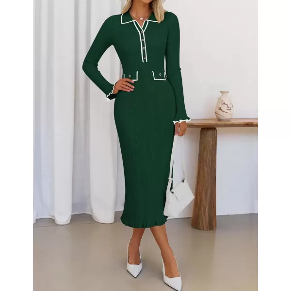 imageZESICA Womens Fall Winter Sweater Dress 2024 Formal Business Long Sleeve Button Ribbed Trendy Knit Bodycon Midi DressesGreen