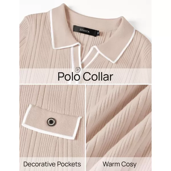 imageZESICA Womens Fall Winter Sweater Dress 2024 Formal Business Long Sleeve Button Ribbed Trendy Knit Bodycon Midi DressesSand