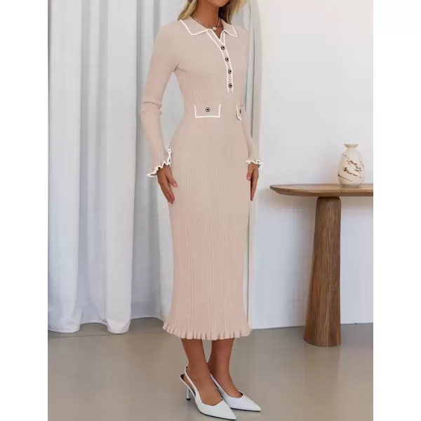 imageZESICA Womens Fall Winter Sweater Dress 2024 Formal Business Long Sleeve Button Ribbed Trendy Knit Bodycon Midi DressesSand