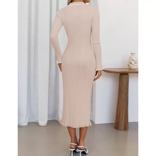 imageZESICA Womens Fall Winter Sweater Dress 2024 Formal Business Long Sleeve Button Ribbed Trendy Knit Bodycon Midi DressesSand
