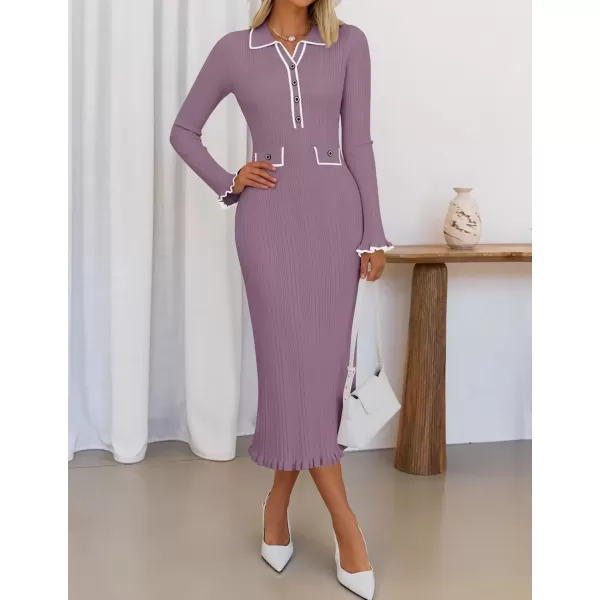 imageZESICA Womens Fall Winter Sweater Dress 2024 Formal Business Long Sleeve Button Ribbed Trendy Knit Bodycon Midi DressesTaro