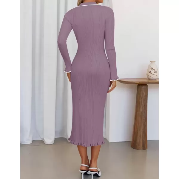 imageZESICA Womens Fall Winter Sweater Dress 2024 Formal Business Long Sleeve Button Ribbed Trendy Knit Bodycon Midi DressesTaro