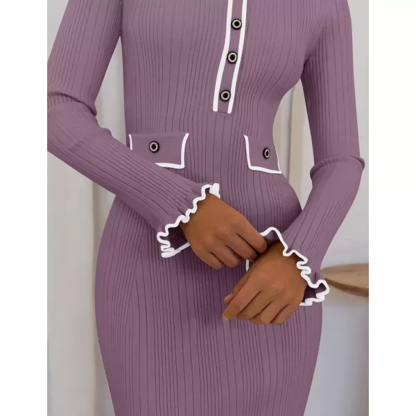 imageZESICA Womens Fall Winter Sweater Dress 2024 Formal Business Long Sleeve Button Ribbed Trendy Knit Bodycon Midi DressesTaro
