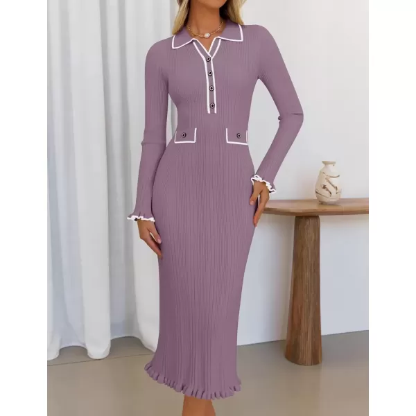 imageZESICA Womens Fall Winter Sweater Dress 2024 Formal Business Long Sleeve Button Ribbed Trendy Knit Bodycon Midi DressesTaro