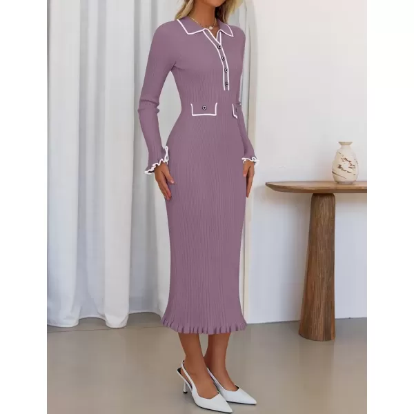 imageZESICA Womens Fall Winter Sweater Dress 2024 Formal Business Long Sleeve Button Ribbed Trendy Knit Bodycon Midi DressesTaro
