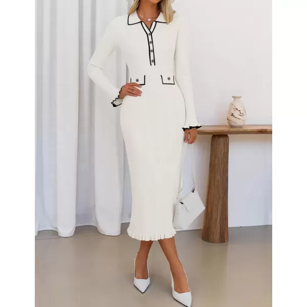 imageZESICA Womens Fall Winter Sweater Dress 2024 Formal Business Long Sleeve Button Ribbed Trendy Knit Bodycon Midi DressesWhite