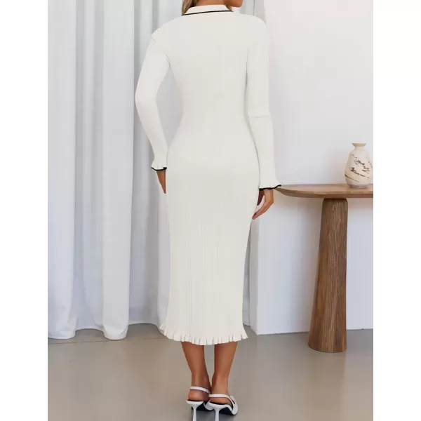 imageZESICA Womens Fall Winter Sweater Dress 2024 Formal Business Long Sleeve Button Ribbed Trendy Knit Bodycon Midi DressesWhite