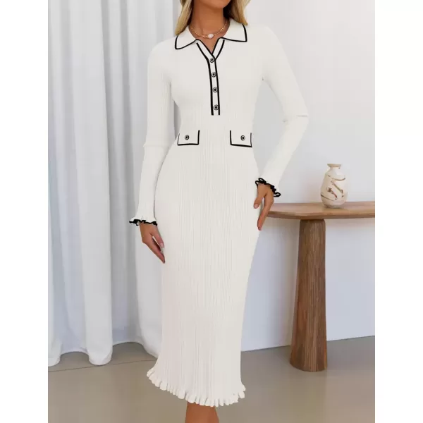 imageZESICA Womens Fall Winter Sweater Dress 2024 Formal Business Long Sleeve Button Ribbed Trendy Knit Bodycon Midi DressesWhite