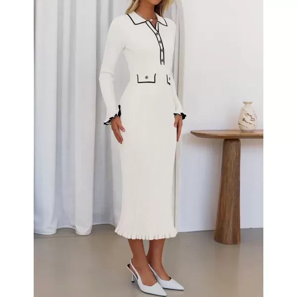imageZESICA Womens Fall Winter Sweater Dress 2024 Formal Business Long Sleeve Button Ribbed Trendy Knit Bodycon Midi DressesWhite