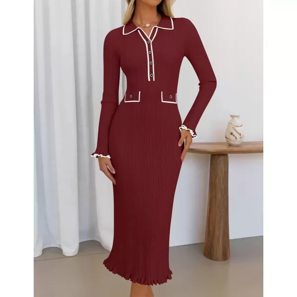 imageZESICA Womens Fall Winter Sweater Dress 2024 Formal Business Long Sleeve Button Ribbed Trendy Knit Bodycon Midi DressesWine