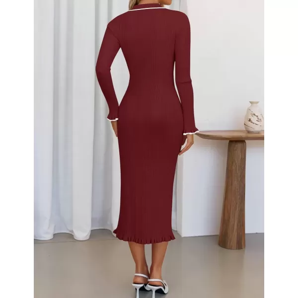 imageZESICA Womens Fall Winter Sweater Dress 2024 Formal Business Long Sleeve Button Ribbed Trendy Knit Bodycon Midi DressesWine