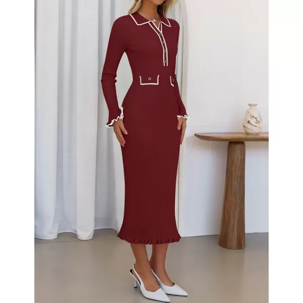 imageZESICA Womens Fall Winter Sweater Dress 2024 Formal Business Long Sleeve Button Ribbed Trendy Knit Bodycon Midi DressesWine