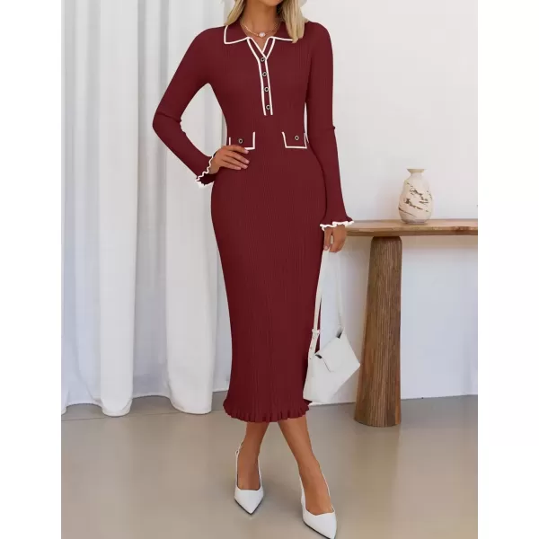 imageZESICA Womens Fall Winter Sweater Dress 2024 Formal Business Long Sleeve Button Ribbed Trendy Knit Bodycon Midi DressesWine