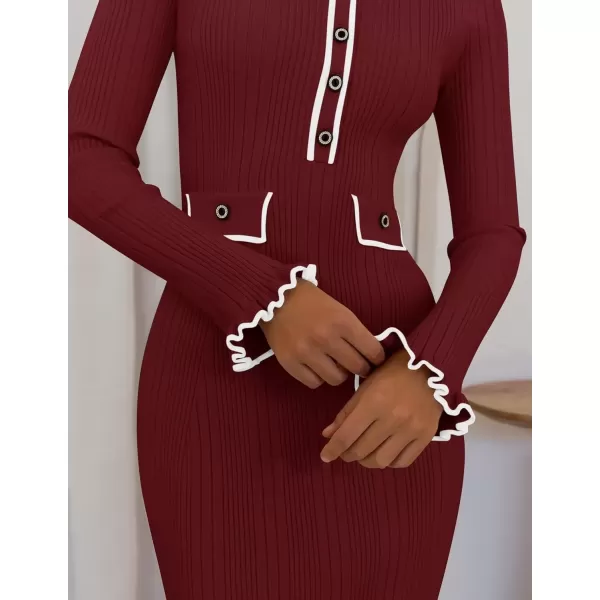 imageZESICA Womens Fall Winter Sweater Dress 2024 Formal Business Long Sleeve Button Ribbed Trendy Knit Bodycon Midi DressesWine