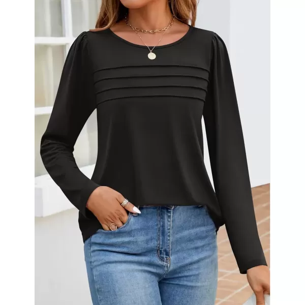 imageZESICA Womens Fashion Long Sleeve Shirts 2024 Dressy Casual Blouses Trendy Pleated Tunic TopsBlack