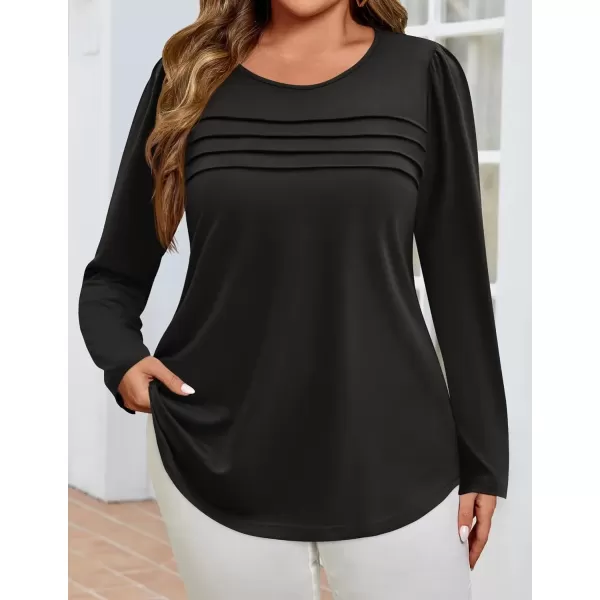 imageZESICA Womens Fashion Long Sleeve Shirts 2024 Dressy Casual Blouses Trendy Pleated Tunic TopsBlack