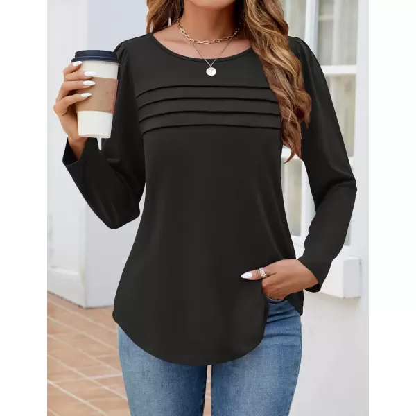 imageZESICA Womens Fashion Long Sleeve Shirts 2024 Dressy Casual Blouses Trendy Pleated Tunic TopsBlack